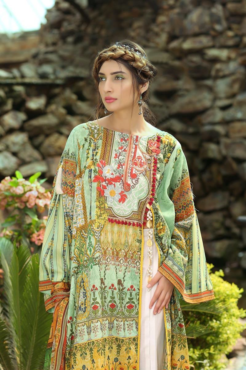 Elegant green 3 piece unstitched pret dress by Paras Eid collection ...