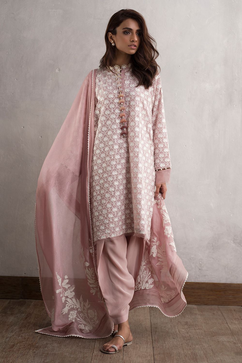 Embroidered crepe Pakistani 3 piece dress in pink by Nida Azwer Traditional Luxury pret