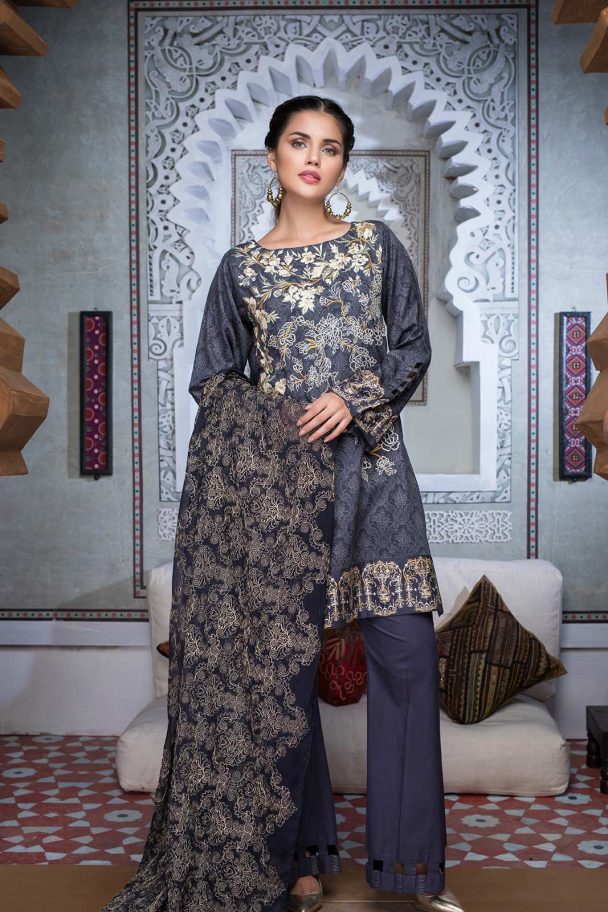 Grey 3 piece Pakistani stitched pret by Bonanza Satrangi Eid Clothes in