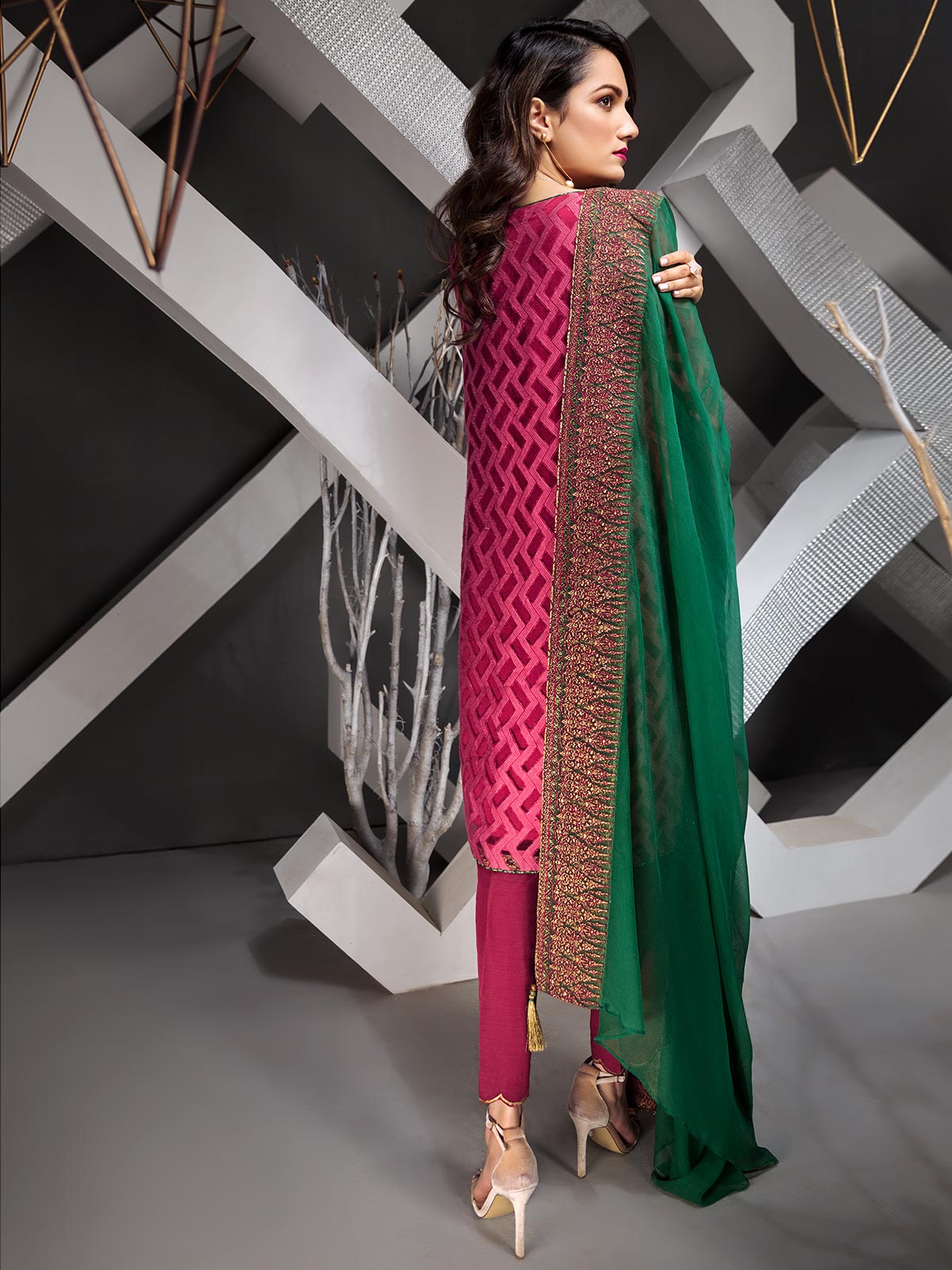 Heavy embroidered 3 piece dress in pink with green dupatta by Eden Robe eid collection