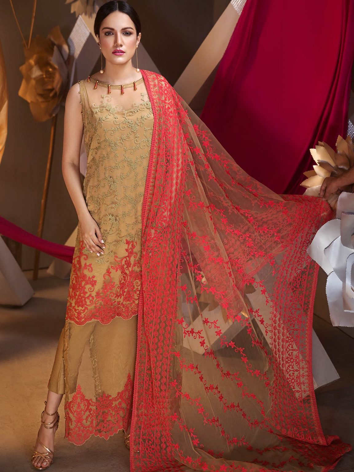 Orange embroidered net dress by Eden Robe eid collection 2018 Online