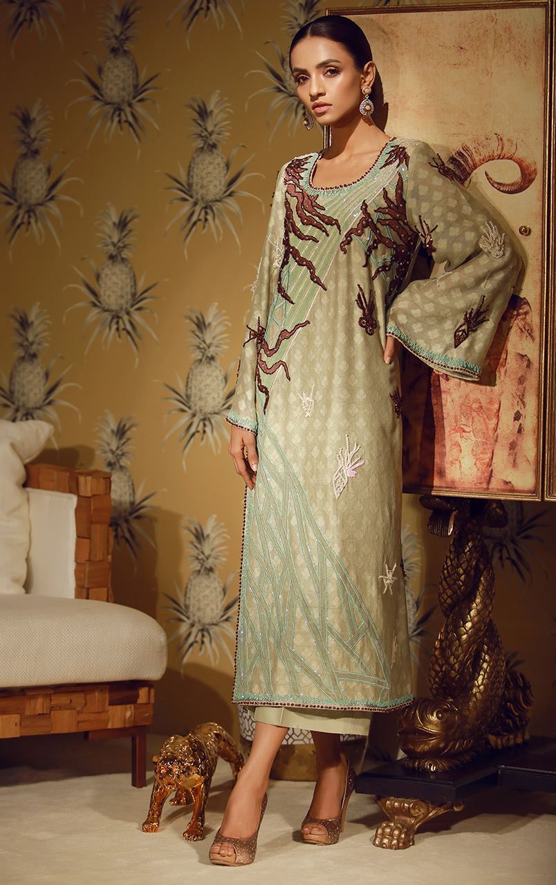 Refreshing Green ready to wear Pakistani pret dress by Tena Durrani Eid collection