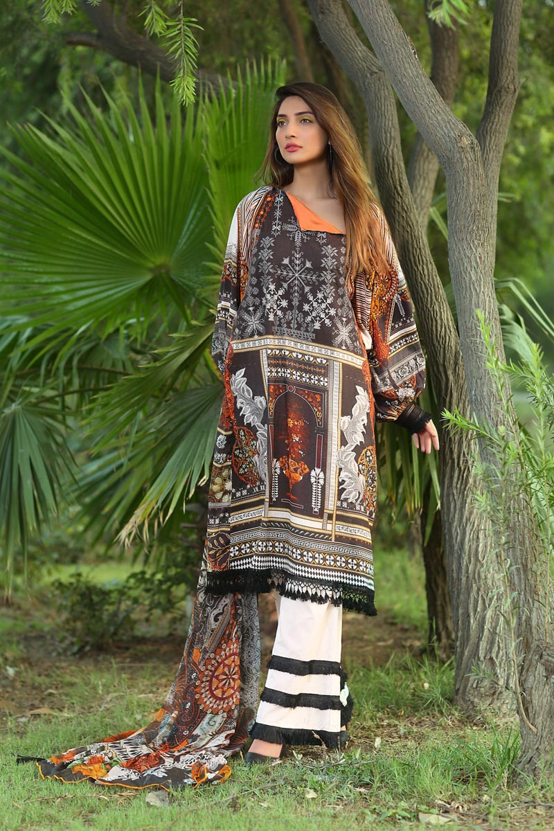 Vibrant and tantalizing Black colored three piece unstitched unstitched lawn dress by Paras Eid Clothes in UAE