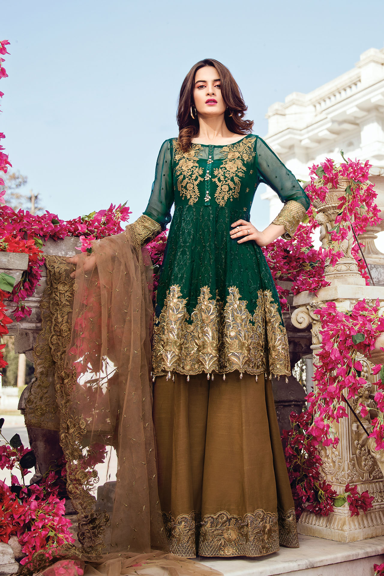 Vibrant and trendy Dark Green three piece Pakistani unstitched Chiffon dress by Imrozia Premium Eid dresses