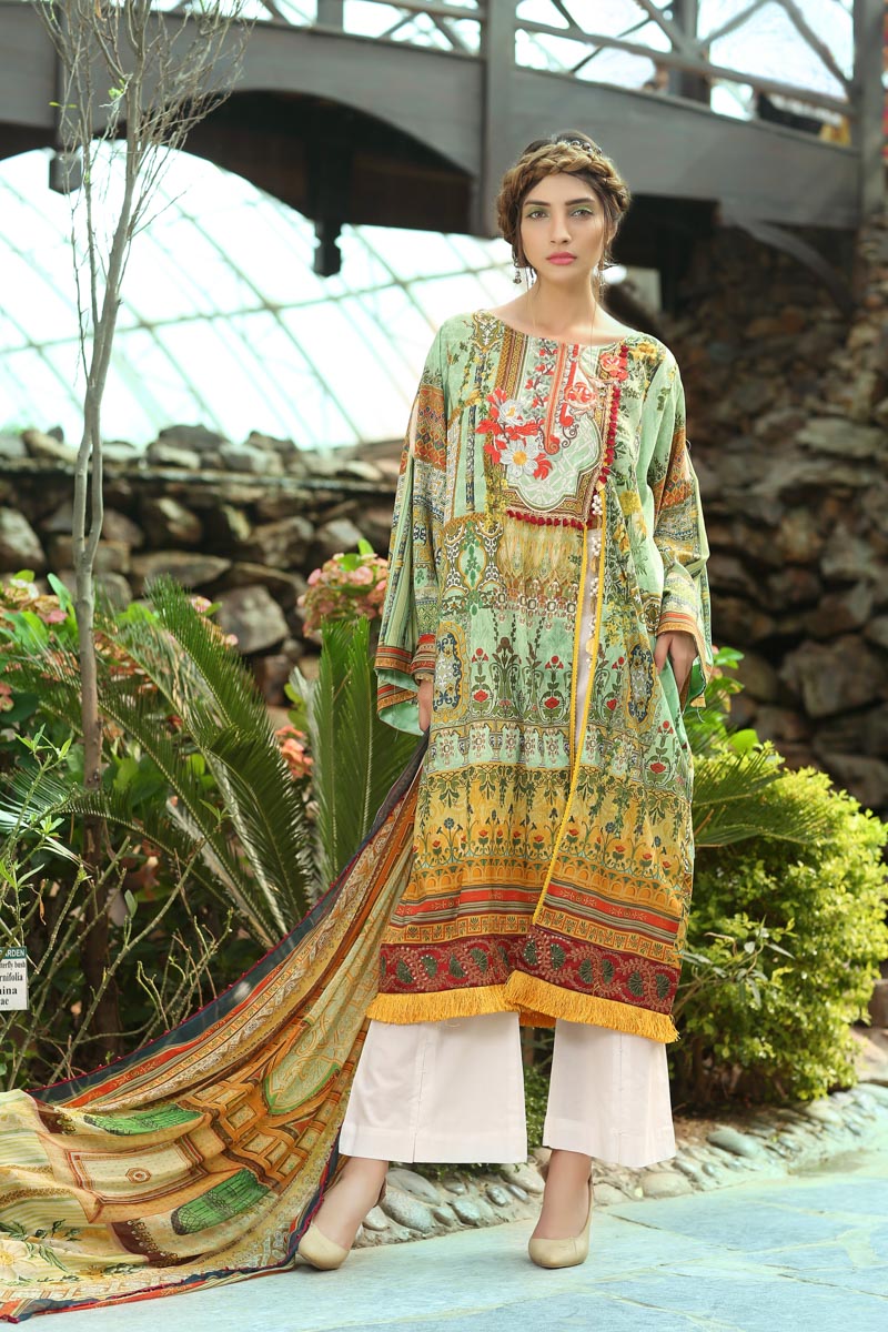 Vibrant and trendy green colored three piece Pakistani unstitched lawn dress by Paras Eid collection 2018