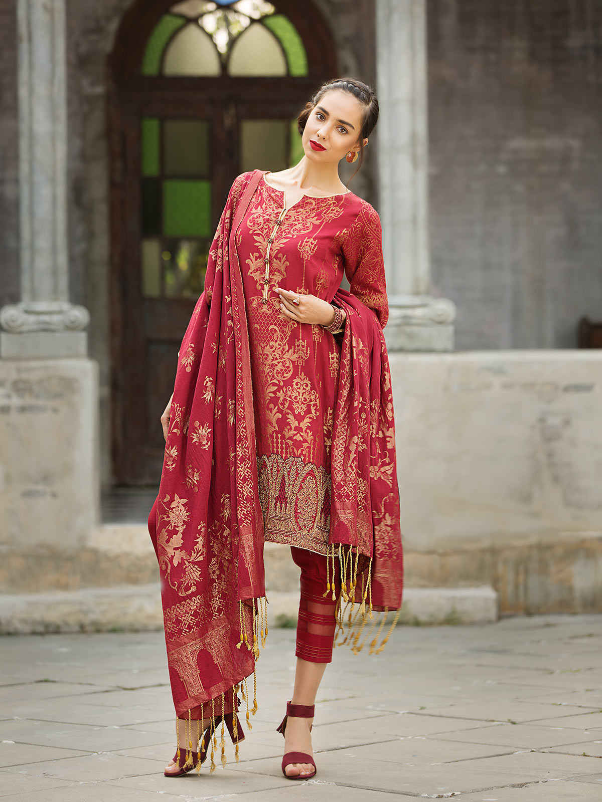 carrot red embroidered and printed dress by Eden robe Pakistani dresses in Uk