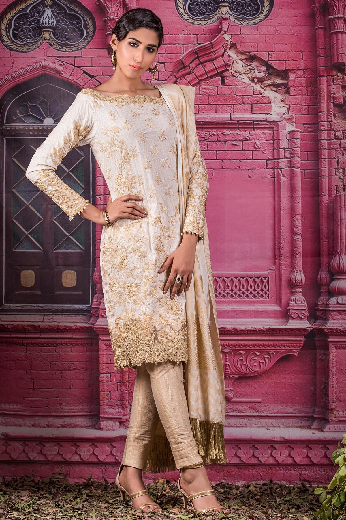 lassy and elegant Cream colored three piece beautiful unstitched Jacquard dress by Alkaram Studio Eid collection in UK