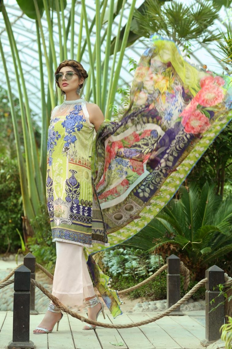lassy and elegant Parrot green colored three piece beautiful stitched Lawn dress by Paras Eid collection in UK