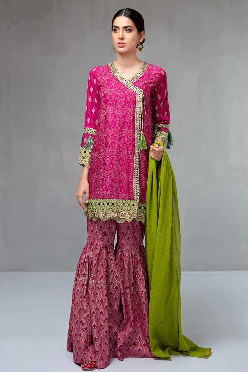 Maria B Engagement Dress Featuring Embroidered Wedding Angrakha with Gharara Pants