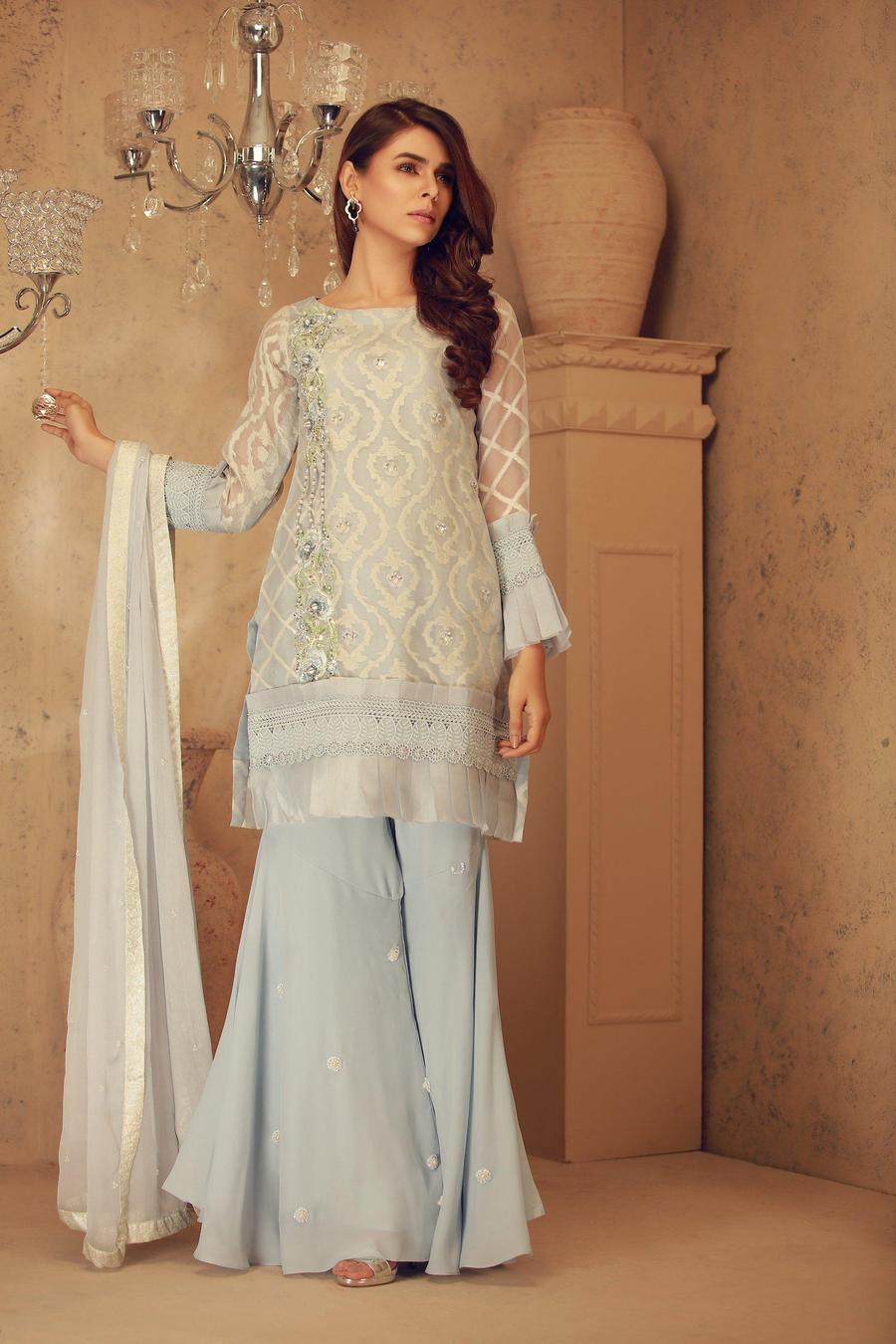 A Beautiful Sea Foam from Pakistani Party Dresses by Sarosh Salman in Chiffon Fabric