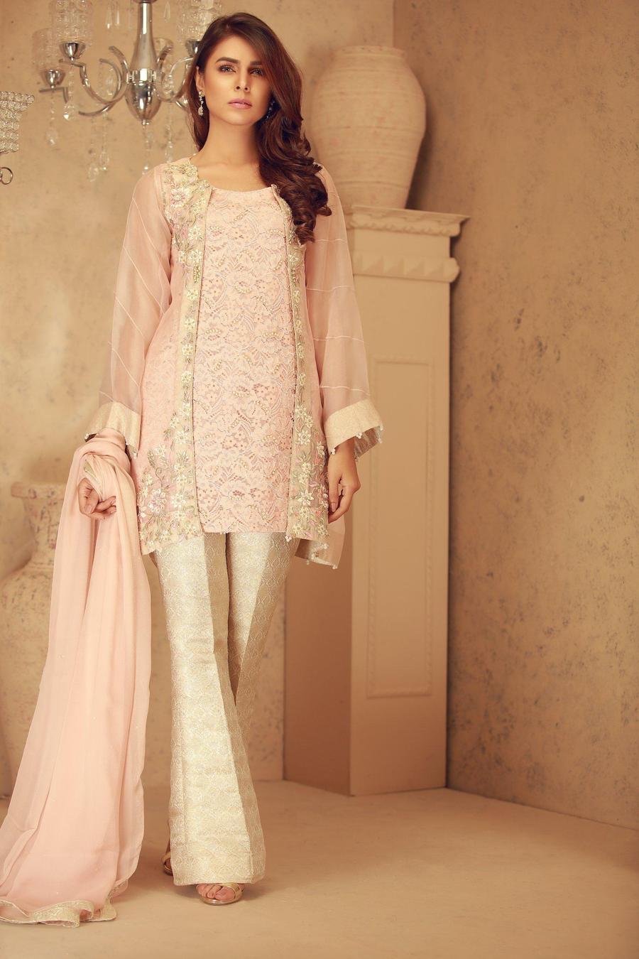 Exclsive Pakistani Party Dresses by Sarosh Salman features this Whisper Pink 3 Piece Luxury Pret Wear