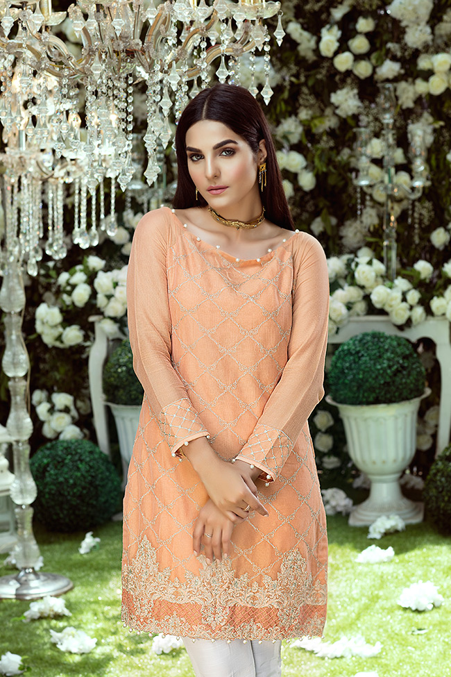 This 2 Piece Pakistani Dress includes light peach embellished and embroidered Gold Weave Cotton Net Shirt paired with a Plain Silk Pants.