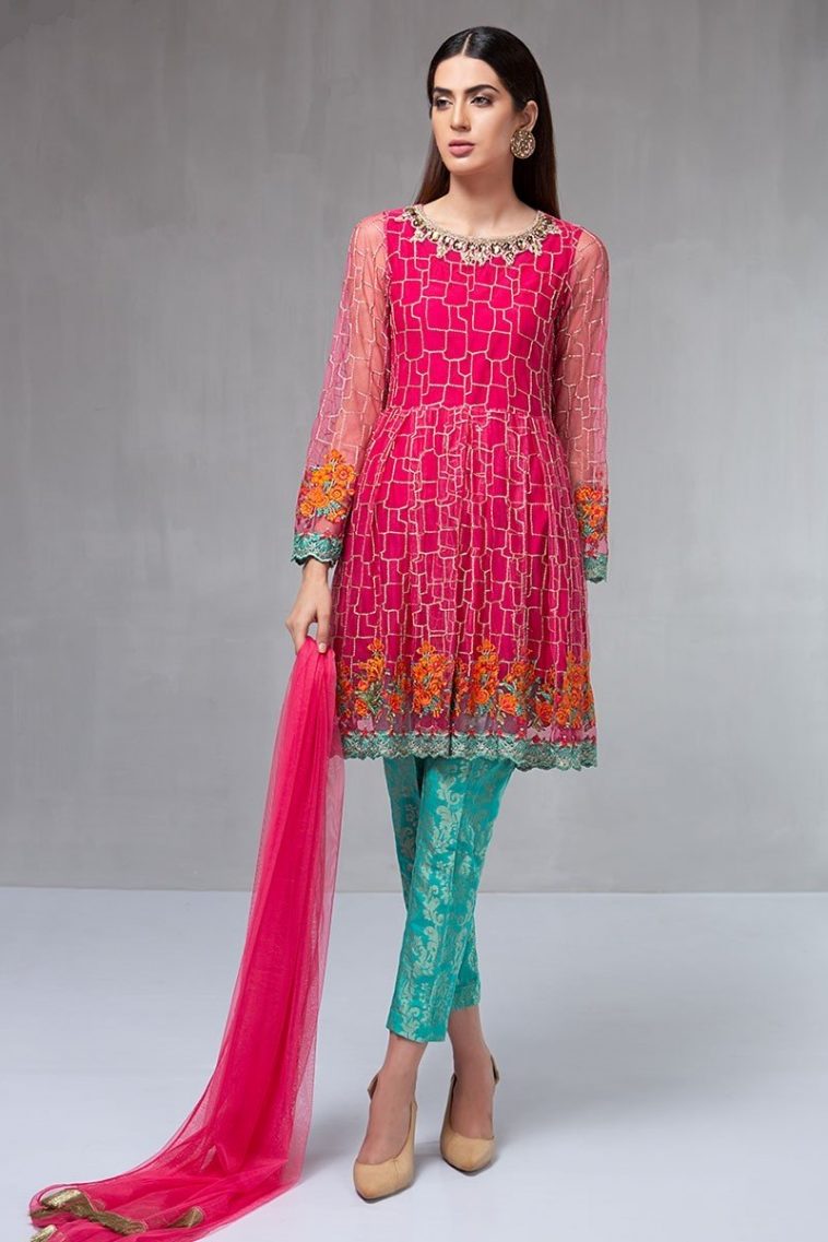 Maria B Pret Embroidered Pink Chiffon Wedding Dress with Ferozi Banarsi Pants & Chiffon Dupatta