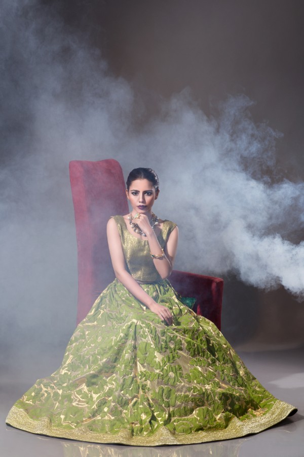 Buy this ravishing and stylish green silk lehanga choli by Sanober Azfar dresses in Dubai