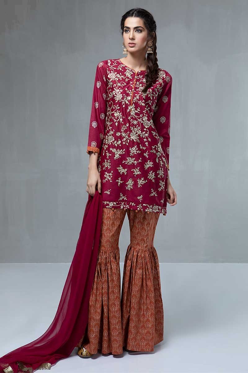 Maria B Dubai – Embroidered Pakistani Unstitched Suit with Embroidered Shirt & Gharara Pants