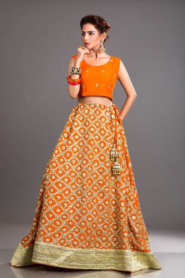 Orange embellished raw silk lehanga by Sanober Azfer Pakistani wedding dresses available online