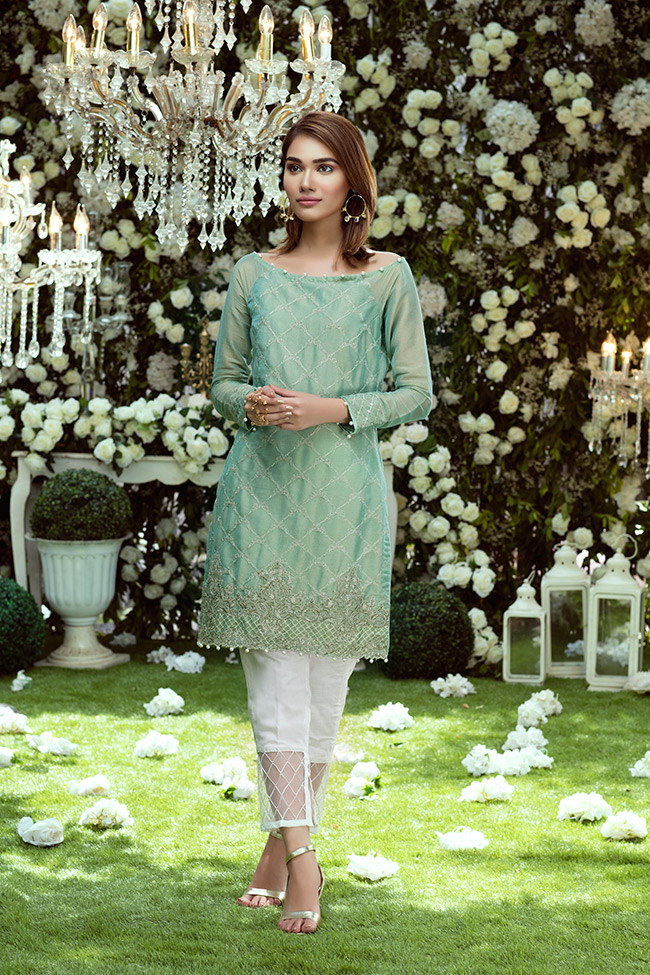 Pretty mint green unstitched stylish and traditional dress by Gulaal pakistani party dresses available for online shopping