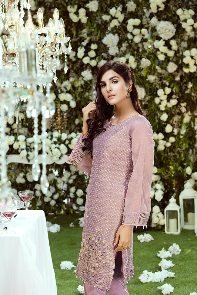 Radiant and refreshing Gold weave cotton net dress in purple color by Gulaal online Pakistani part wear dresses 2018