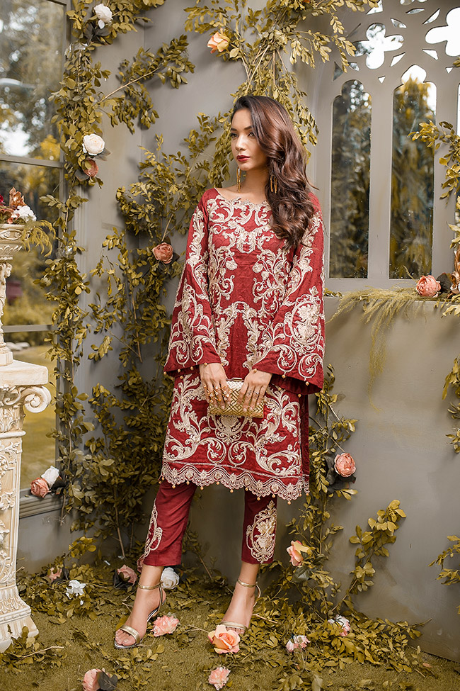 Ravishing maroon khadi net embroidered and embellished by pakistani party wear dresses with prices Online In Pakistan