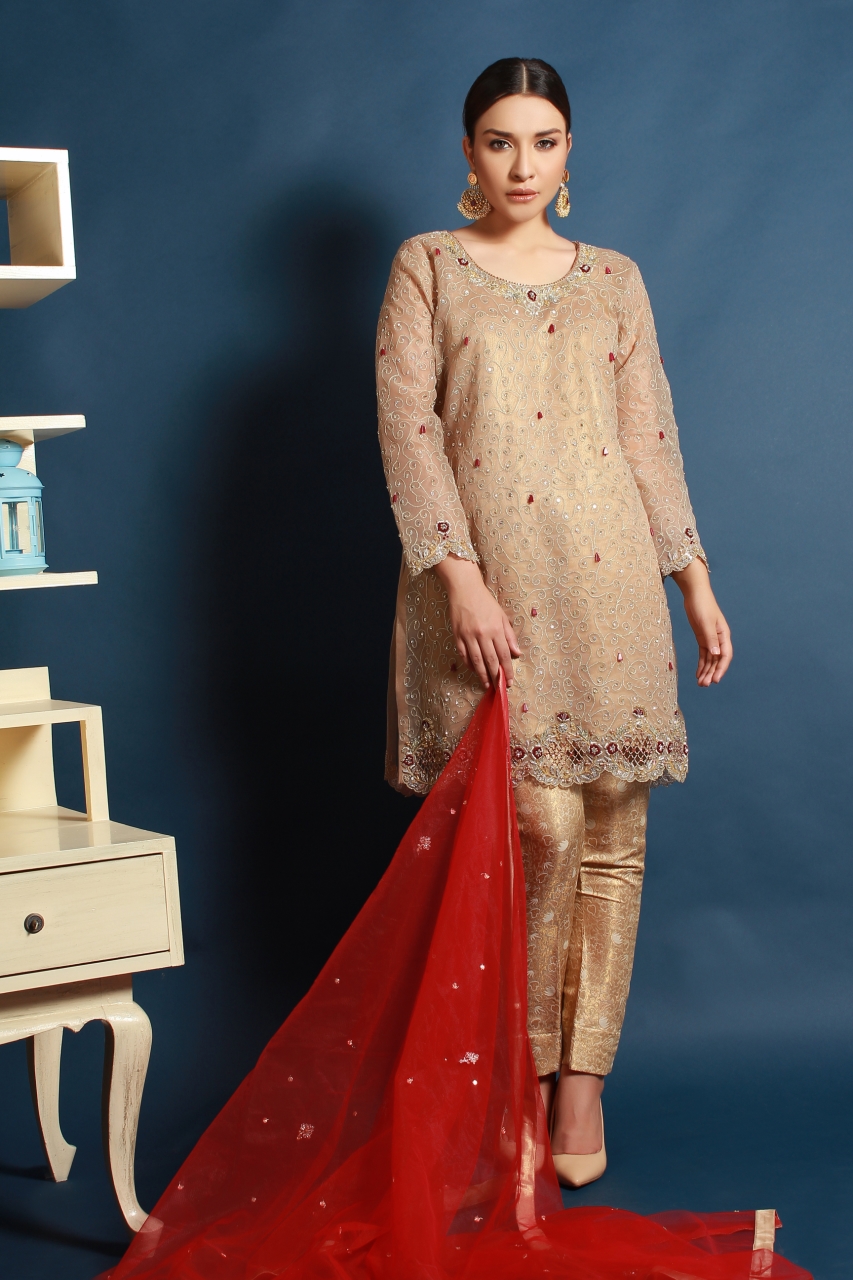 Regal embellished beige formal Pakistani party dress by Sidra Mumtaz