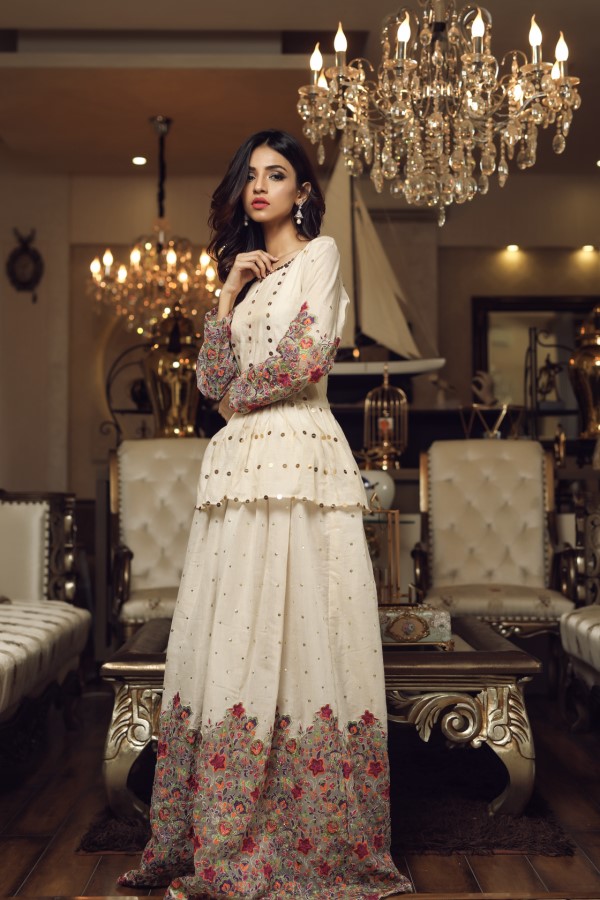 Sidra Mumtaz festive dress having Masuri embroidered shirt and skirt with crushed dupatta