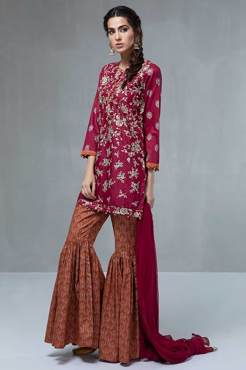 Maria B Dubai - Embroidered Pakistani Unstitched Suit with Embroidered Shirt & Gharara Pants