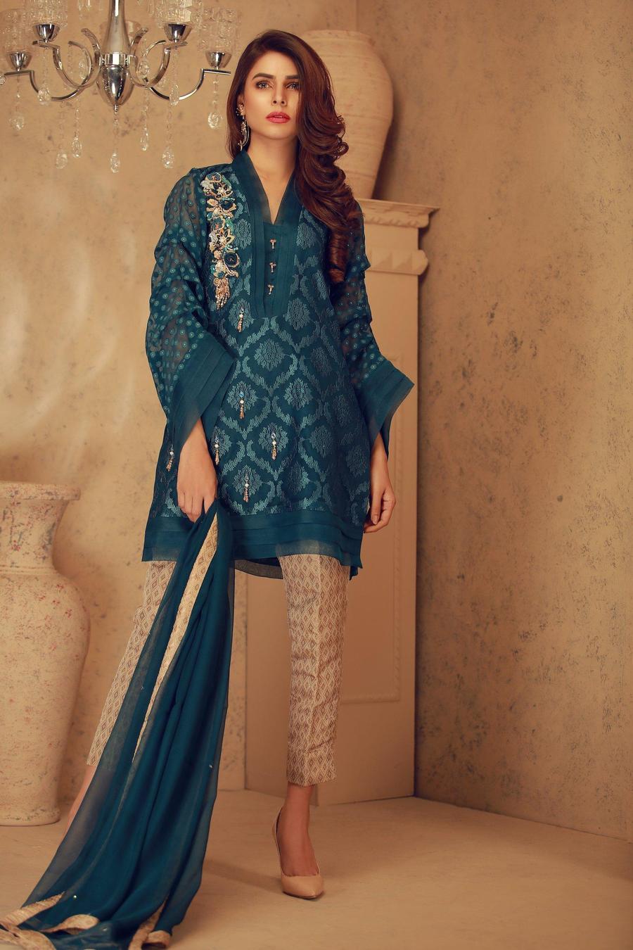 Pakistani Party Dresses by Sarosh Salman features this Peacock Green Luxe Pret 