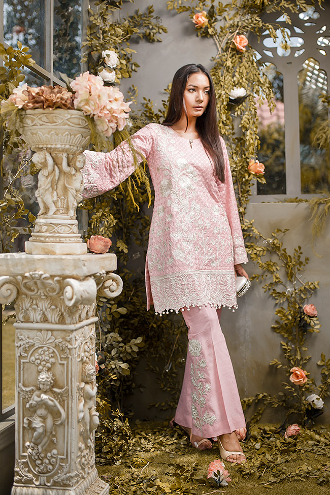 This elegant 2 piece pink khadi net dress available online for sale by Gulaal Pakistani party wear dresses 2018