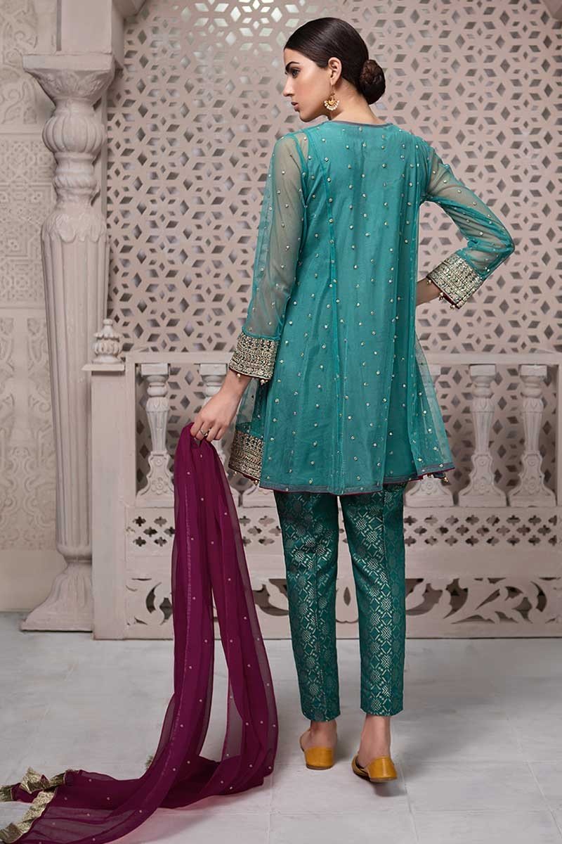 Maria B Wedding Wear Features Net Fabric Embroidered A-Line Kameez, Banarsi Trouser & Chiffon Dupatta