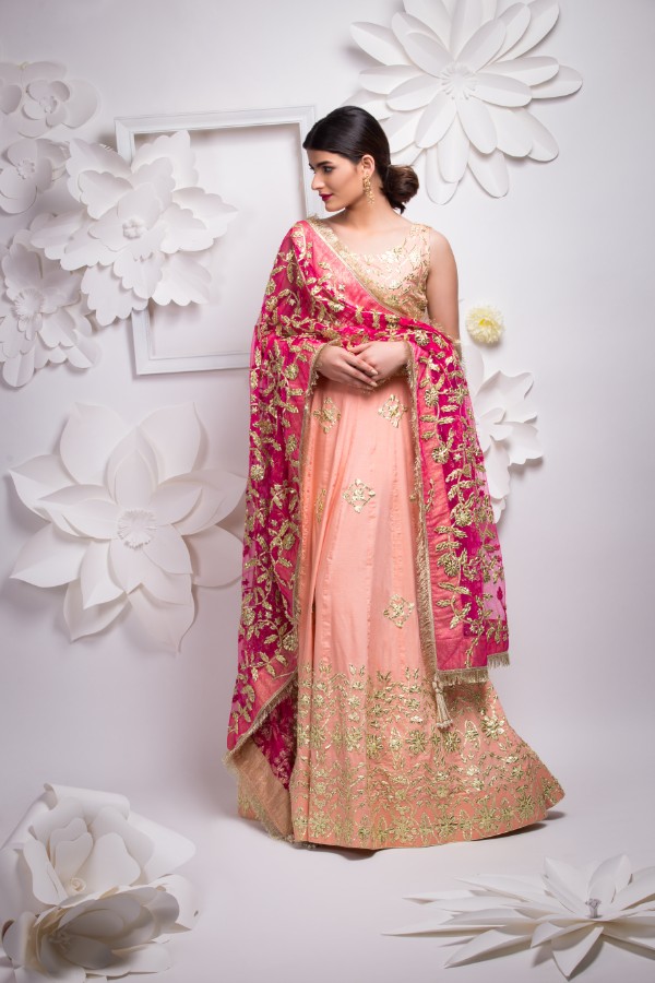 pretty peach silk mehandi dress by Sanober Azfar Pakistani lehanga collection