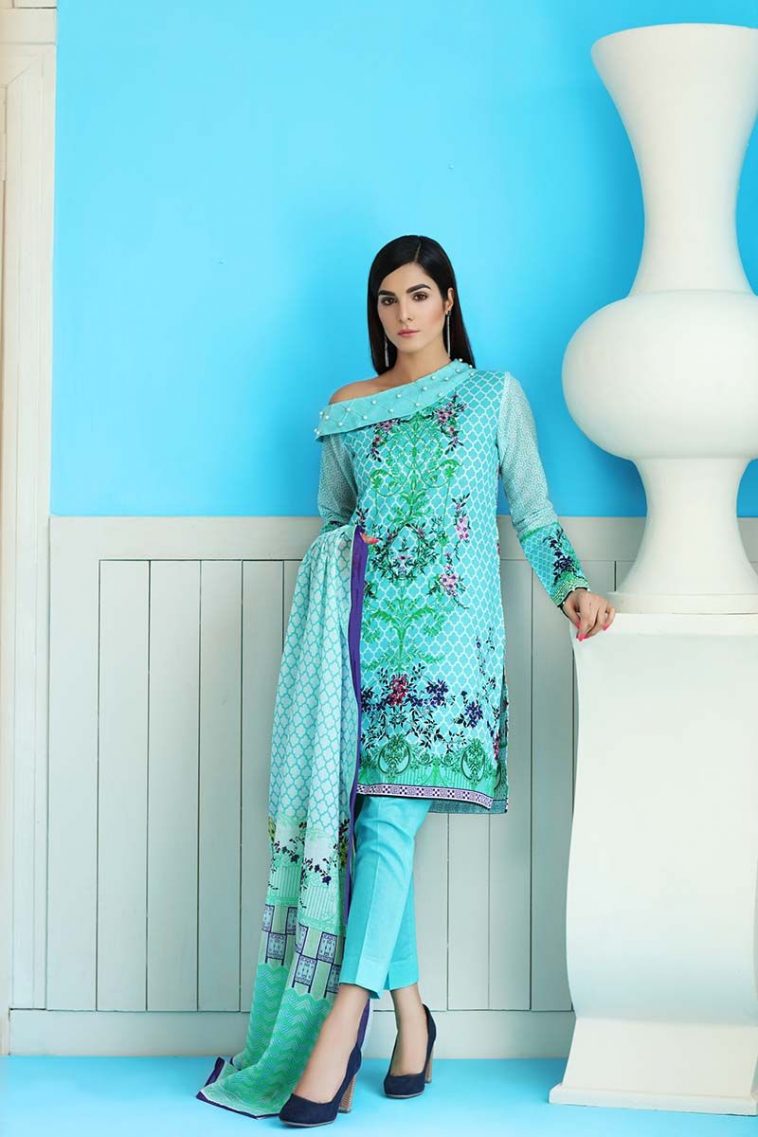 This pretty dress can be bought online from Gul Ahmed online store in light green color