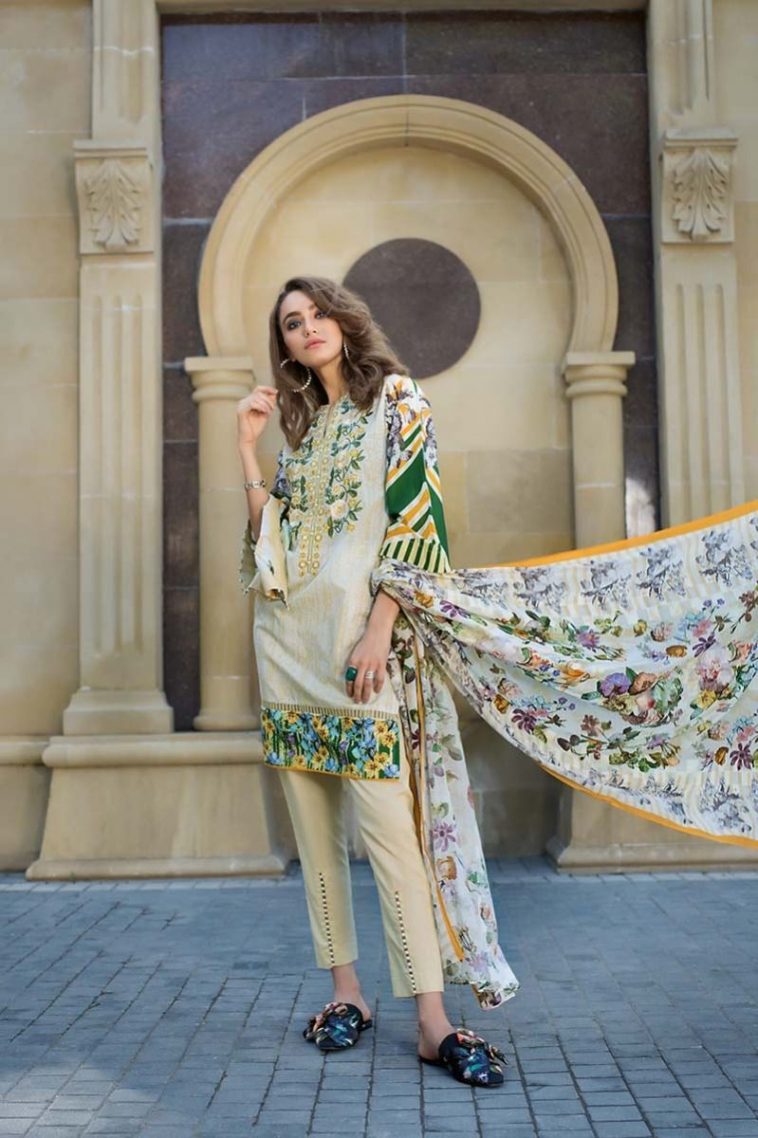 very pretty and stylish camel colored Pakistani dress online by Gul Ahmed online