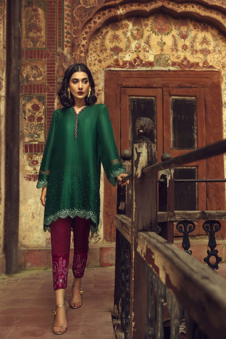 A beautiful green silk Pakistani party dress by Ammara Khan