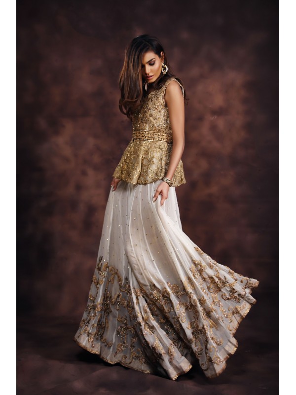 A dusky gold front open pure peplum Pakistani dress online by Umsha official dress