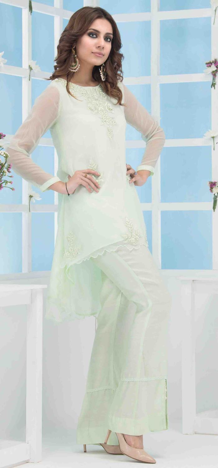 A pure net chiffon Pakistani party dress in light green dress