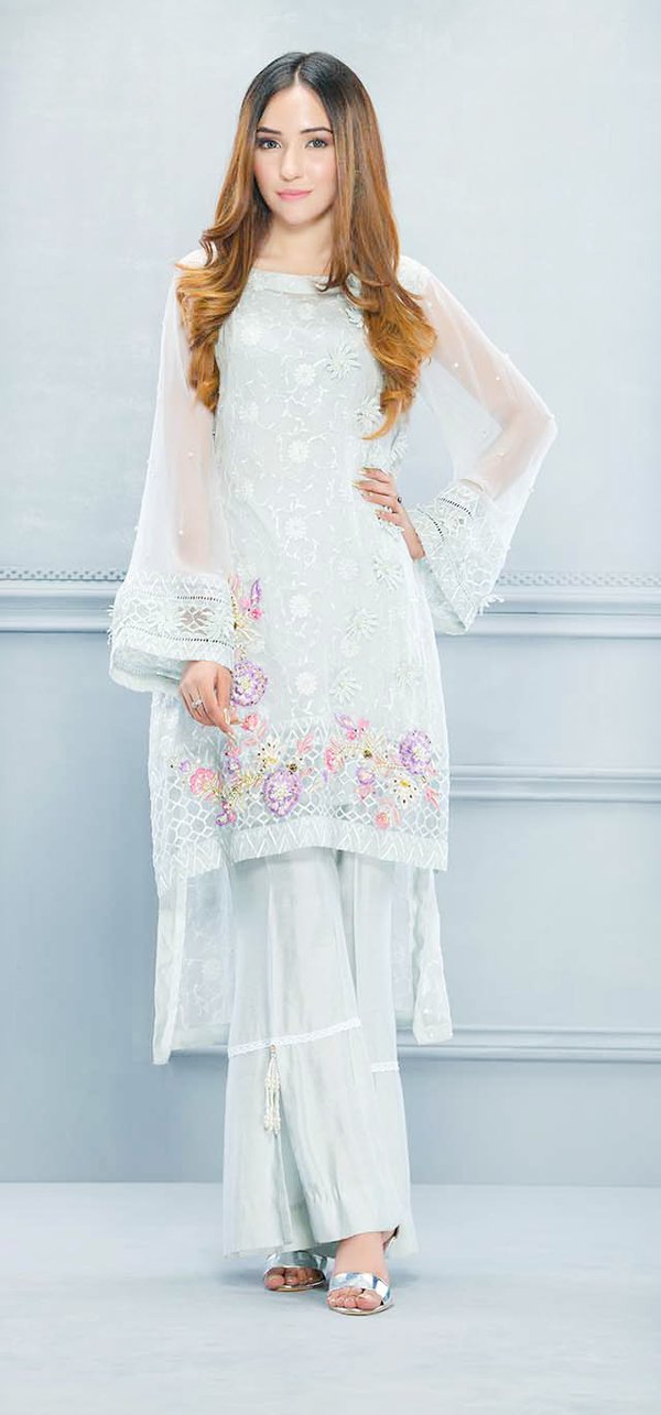 A very pretty Pakistani casual dress in pastel grey color