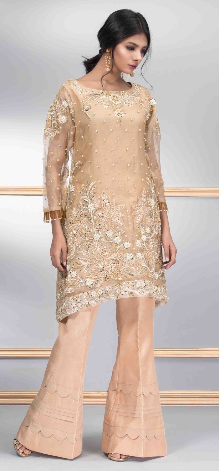 A very pretty gold colored net two piece dress