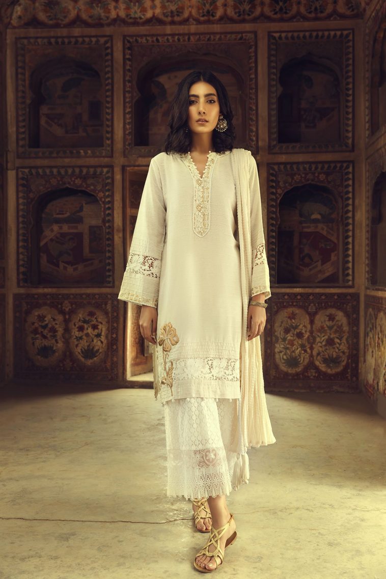 Beautiful off white three piece Pakistani silk suit by Ammara Khan
