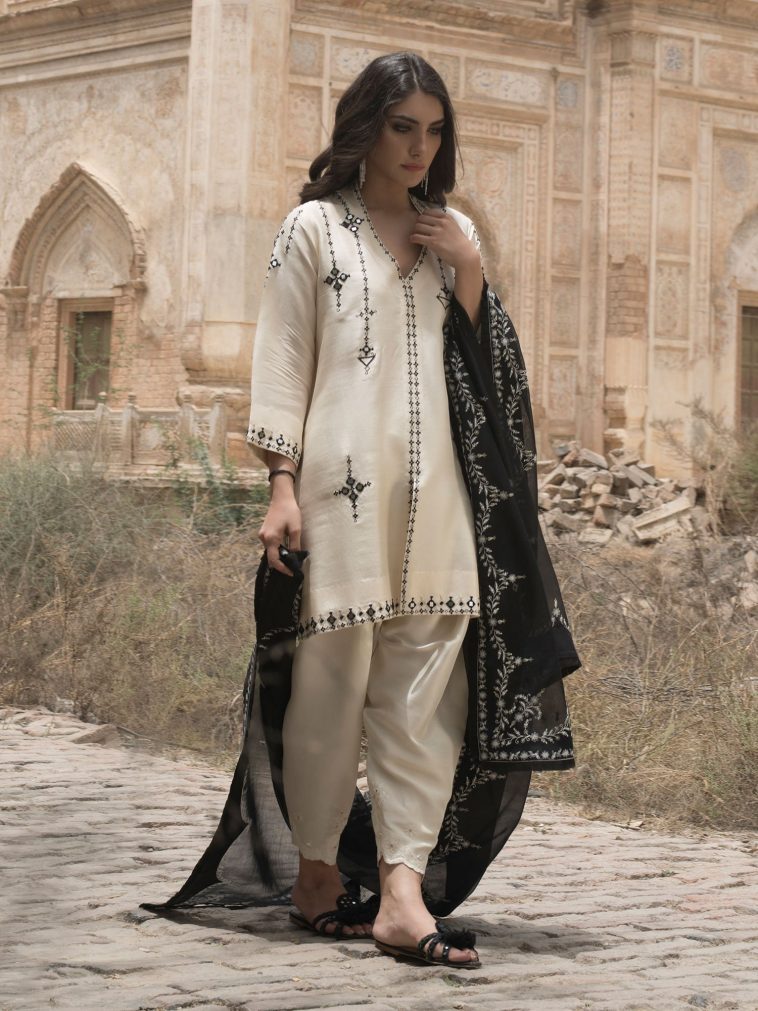Black and off white three piece Pakistani silk dress Misha Lakhani – Online Shopping Pakistan