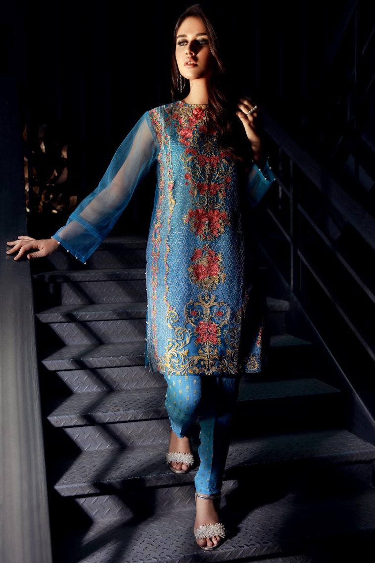 Blue stitched Pakistani chiffon dress by Warda Saleem latest collection