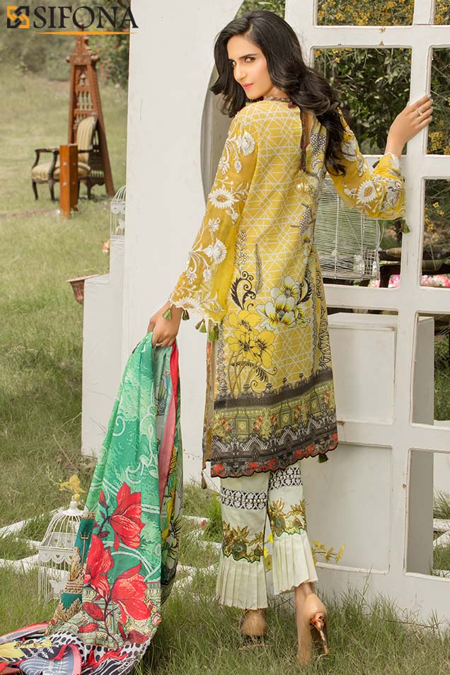 Buy beautiful and elegant Pakistani lawn suit by Sifona officials in yellow