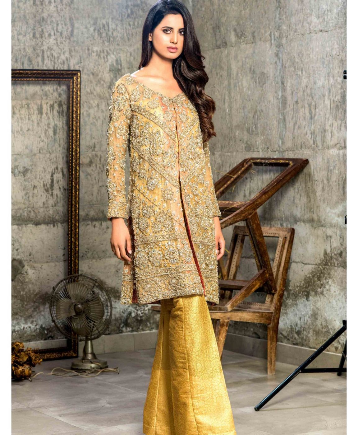 Embellished and stylish gold Pakistani dress online by Cartes by Pasho ...