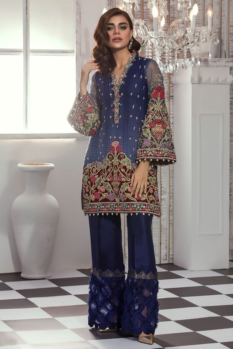 Ravishing blue chiffon Pakistani semi ...