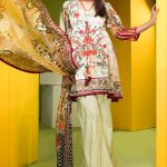 Cream colored jacquard Pakistani semi formal dress by Warda Saleem