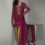 Elegant red hot Pakistani chiffon dress by Mina Hasan online