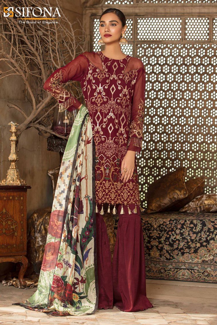 Embroidered maroon Pakistani net suit by Sifona online