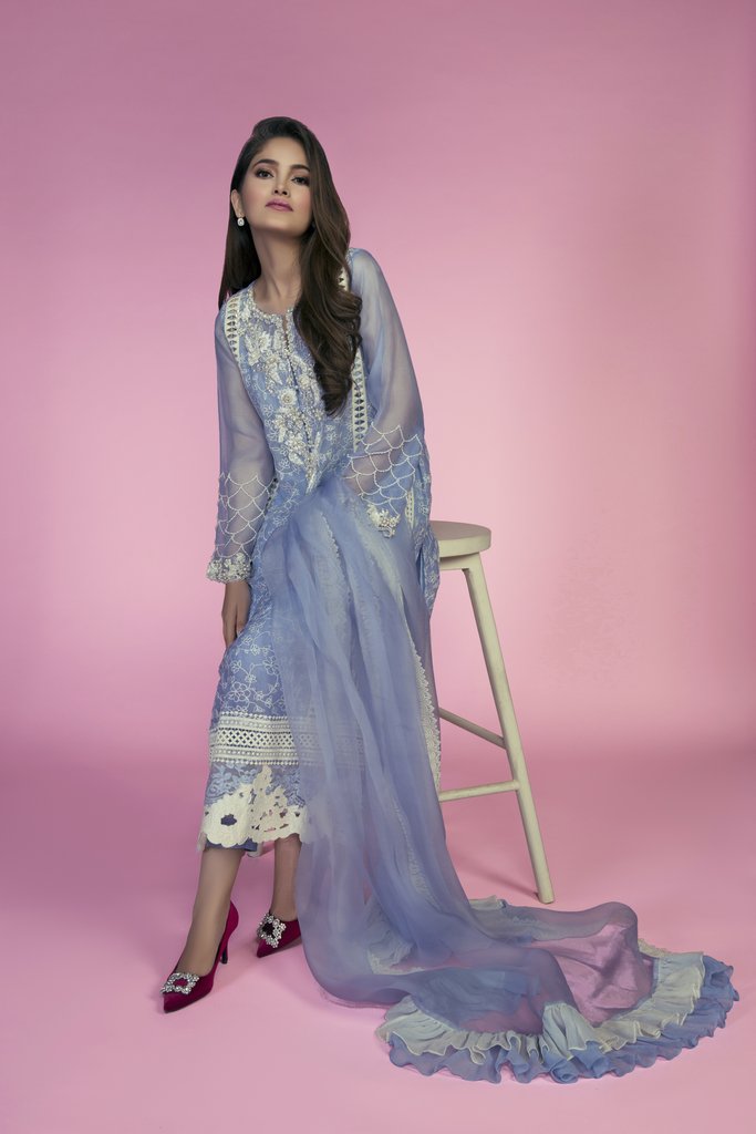 Ice blue chiffon embroidered Pakistani eid dress by Mina Hasan