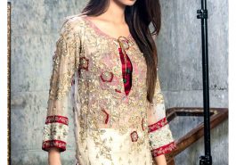 Ivory and red embellished Pakistani chiffon dress by Cartes by Pasho