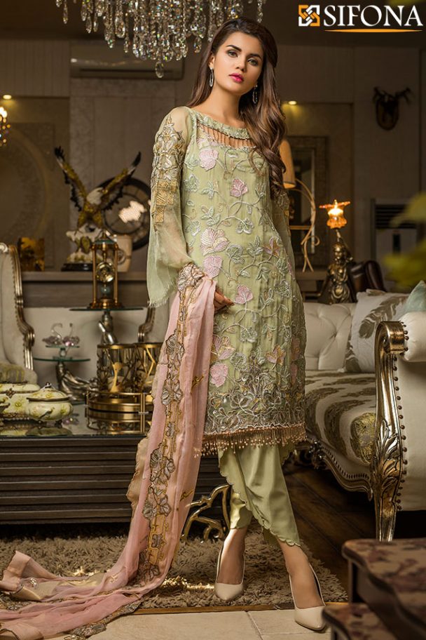 Mint green chiffon Pakistani dress online by Sifona officials Online