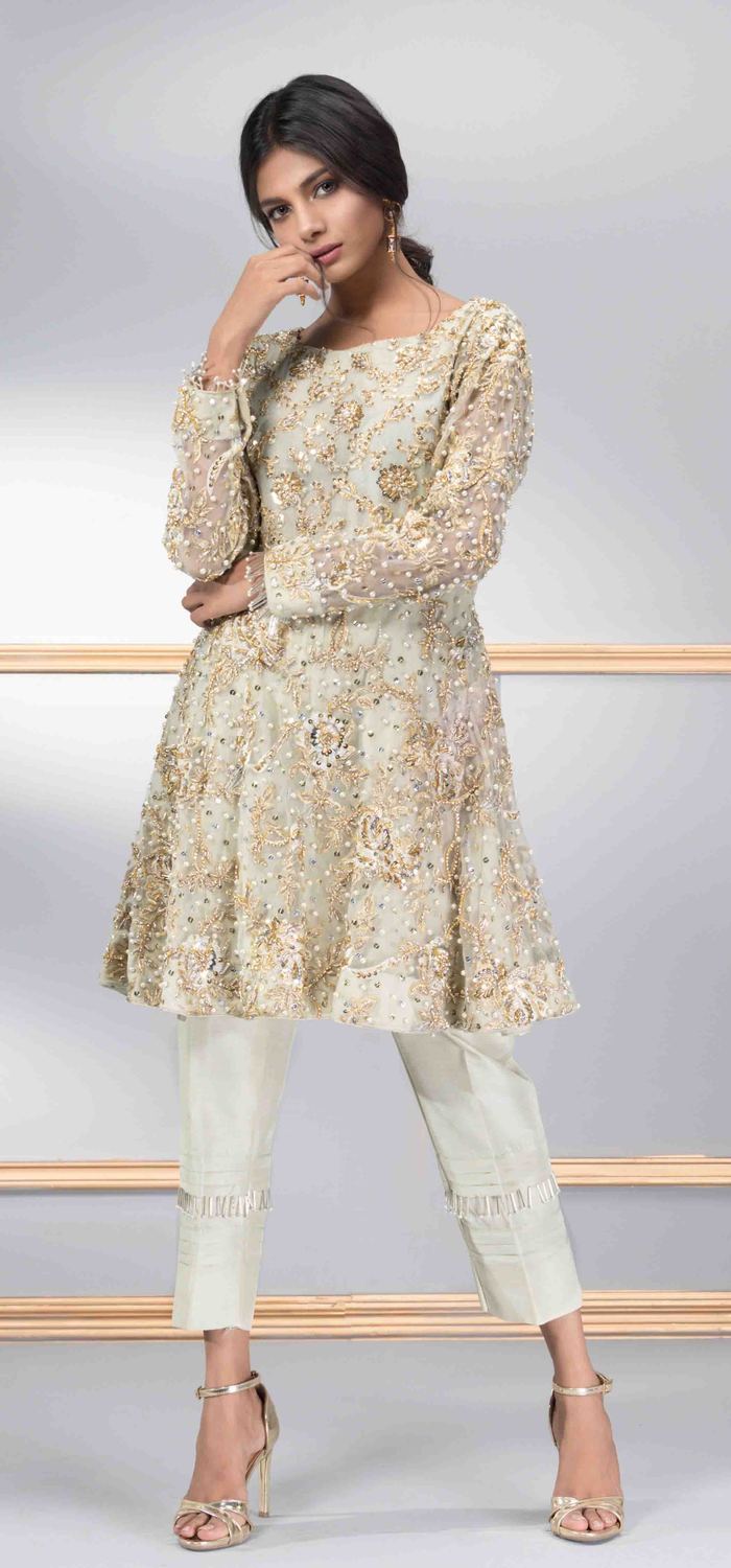 Pakistani formal dresses by Phatyma Khan has this beautiful mint pale dress